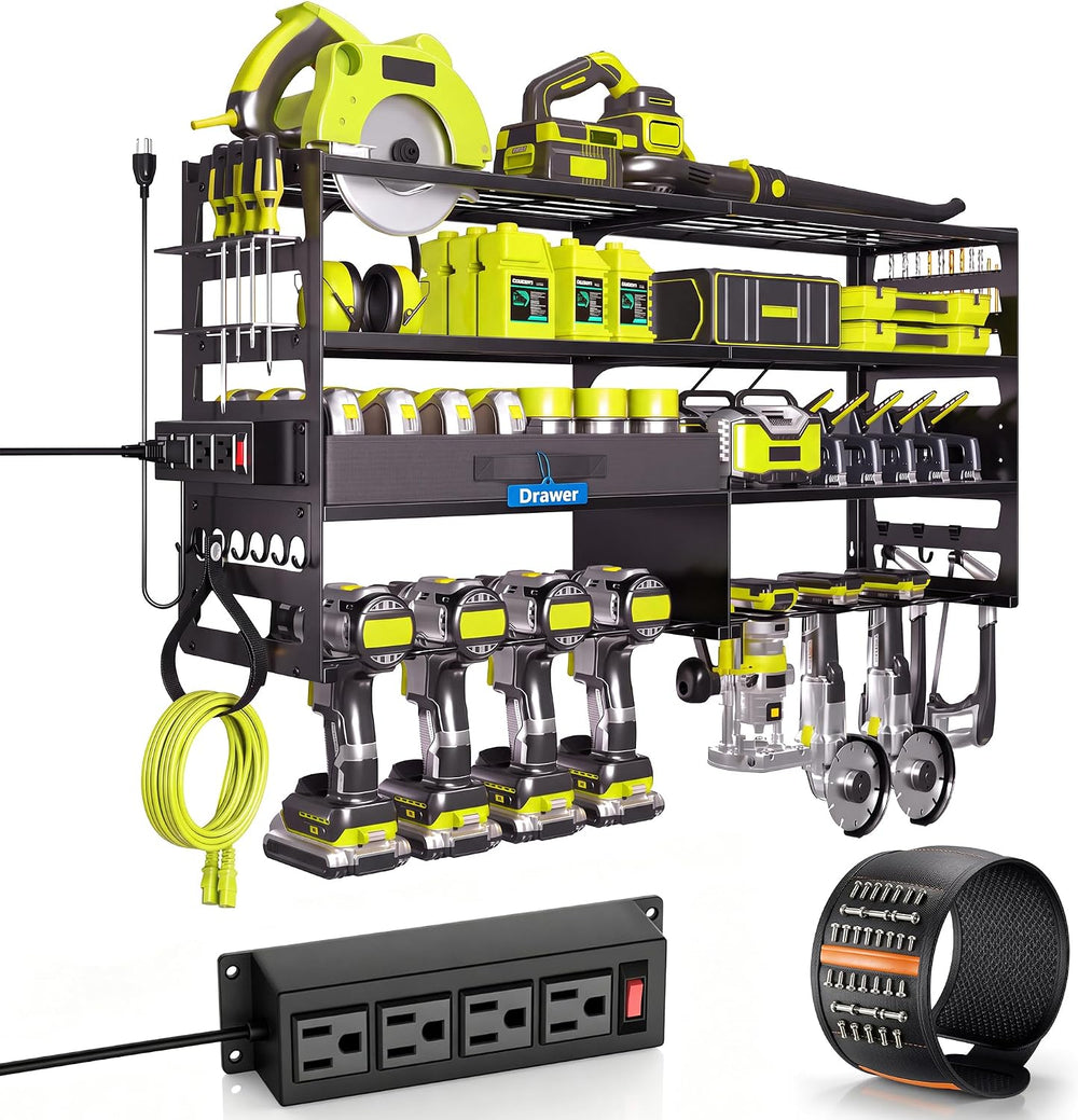 Large Power Tool Organizer Wall Mount with Charging Station, Black