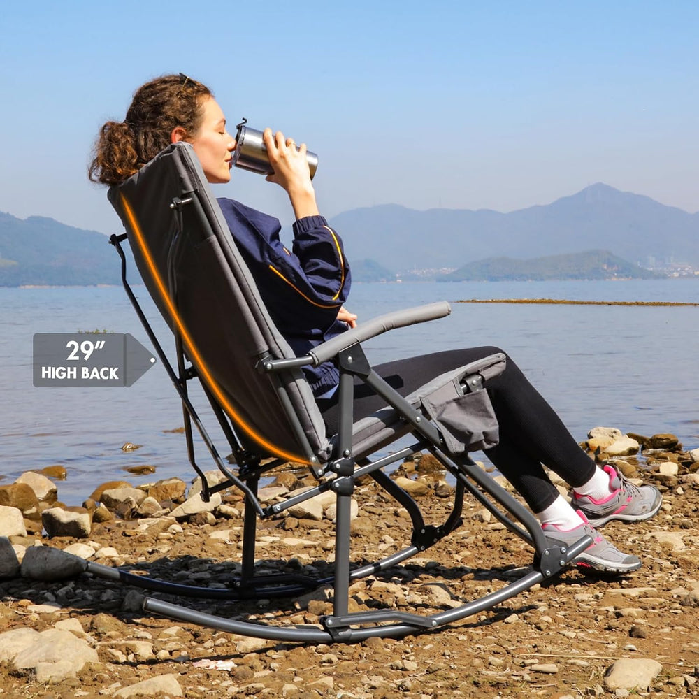 Portal Oversized Padded Folding Rocking Camping Chair Outdoor 400 LBS Gray
