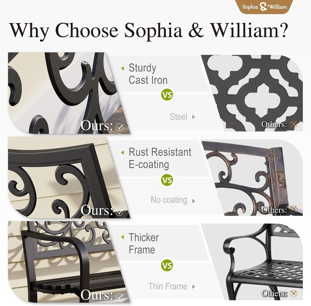 Sophia & William 43 Inches Outdoor Bench, Metal Garden Bench, Floral Black
