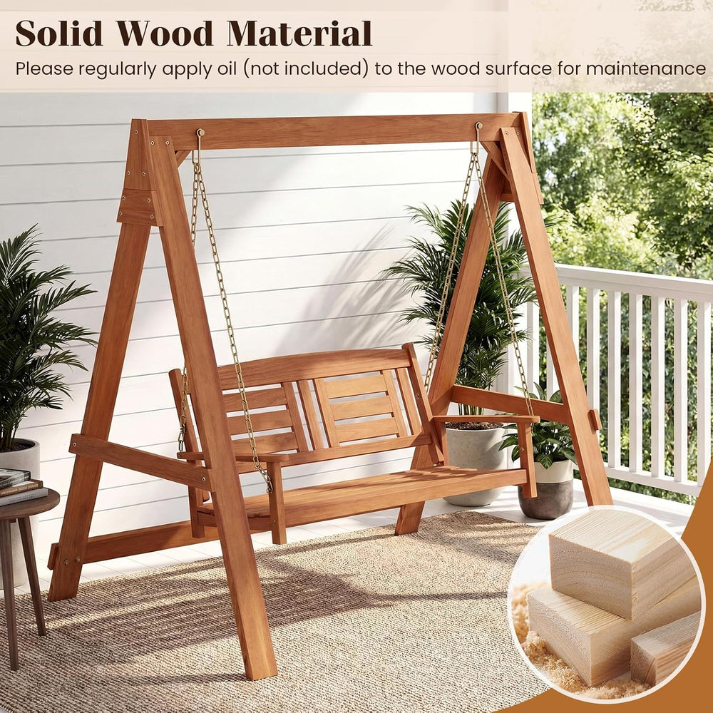 Tangkula 2-Seater Porch Swing with Stand, Wood Patio Swing Loveseat Chair wit...