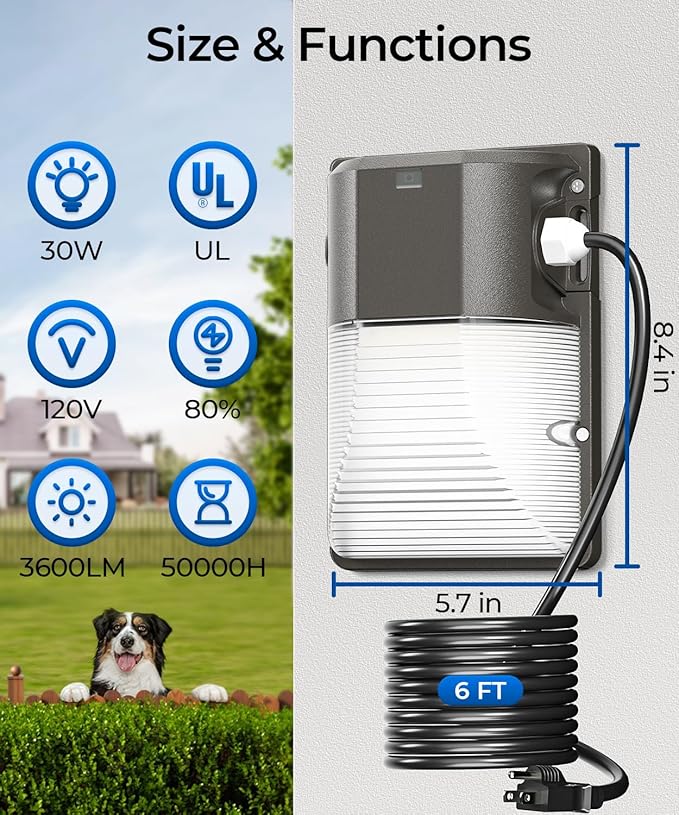 CINOTON 30W Plug in LED Wall Pack Light with Dusk to Dawn Sensor, 3600LM, 500...