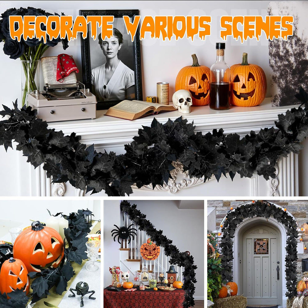 Joyhalo 8 Pack 5.7FT Halloween Garland Black Leaf Garland for Mantle, Artific...