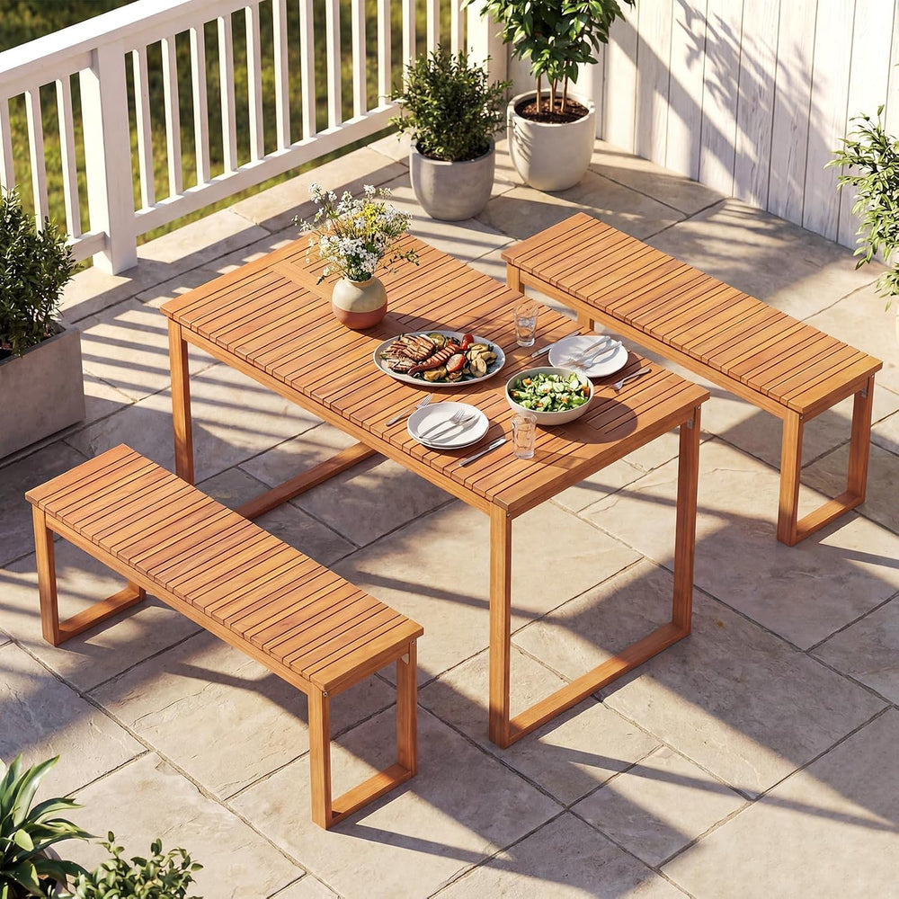 HAPPYGRILL Acacia Wood Patio Dining Bench, 2-Person Outdoor Bench with Slatte...