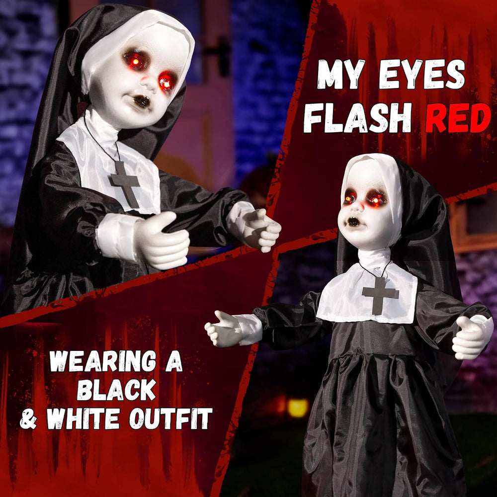 Halloween Animatronic Nun Doll Decorations, 25-33 Inch Scary Zombie Nun with ...