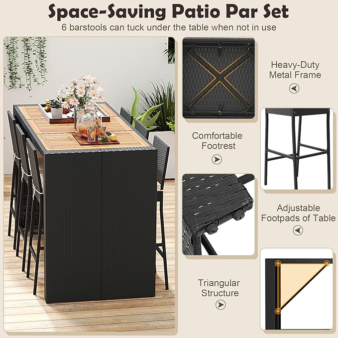 Tangkula 7 Piece Patio Wicker Bar Set, Patiojoy Outdoor Acacia Wood Bar Heigh...