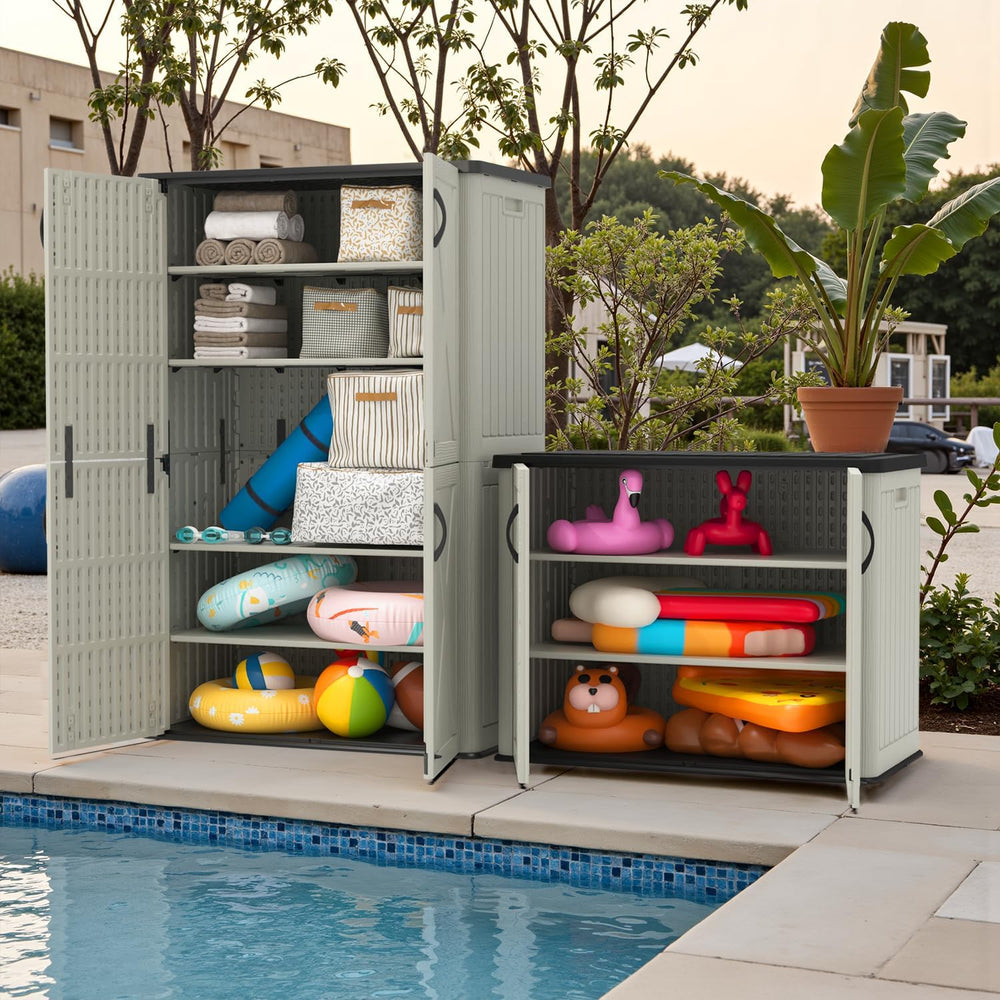 Devoko 26 Cu Ft Resin Outdoor Storage Cabinet, Plastic Horizontal Shed
