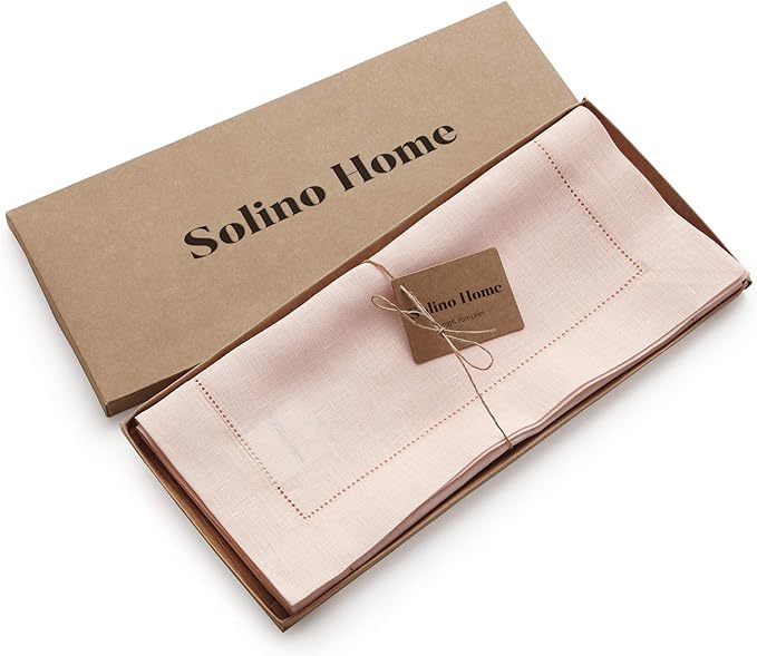 Solino Home Linen Pink Table Runner 72 Inches Long - 100% Pure Linen Hemstitc...