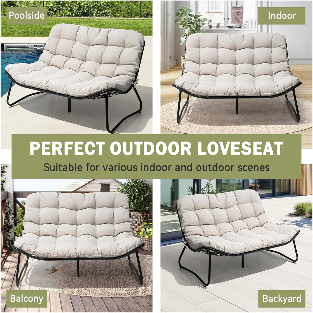 Outdoor Loveseat with Soft Cushion,Patio 2-Seat Boho Sofa (Beige)