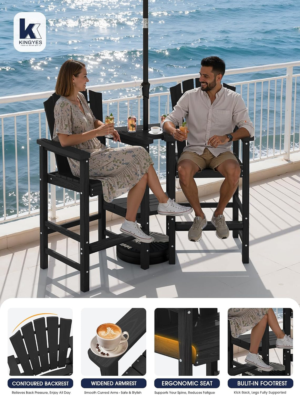 KINGYES Tall Adirondack Chair Set of 2 with Double Connecting Trays, Black