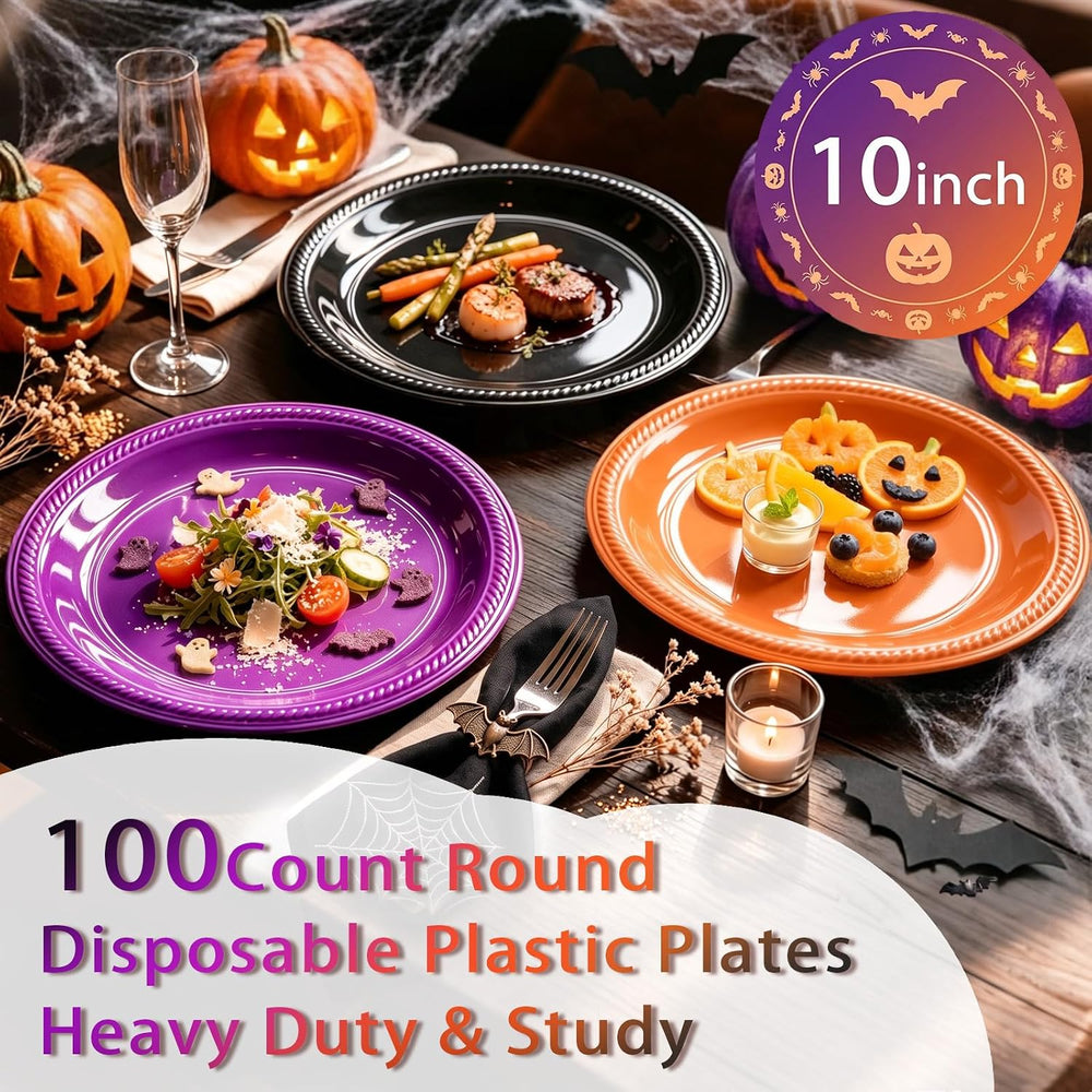 100 Count 10 Inch Halloween Plastic Plates Colored Party Disposable Plates
