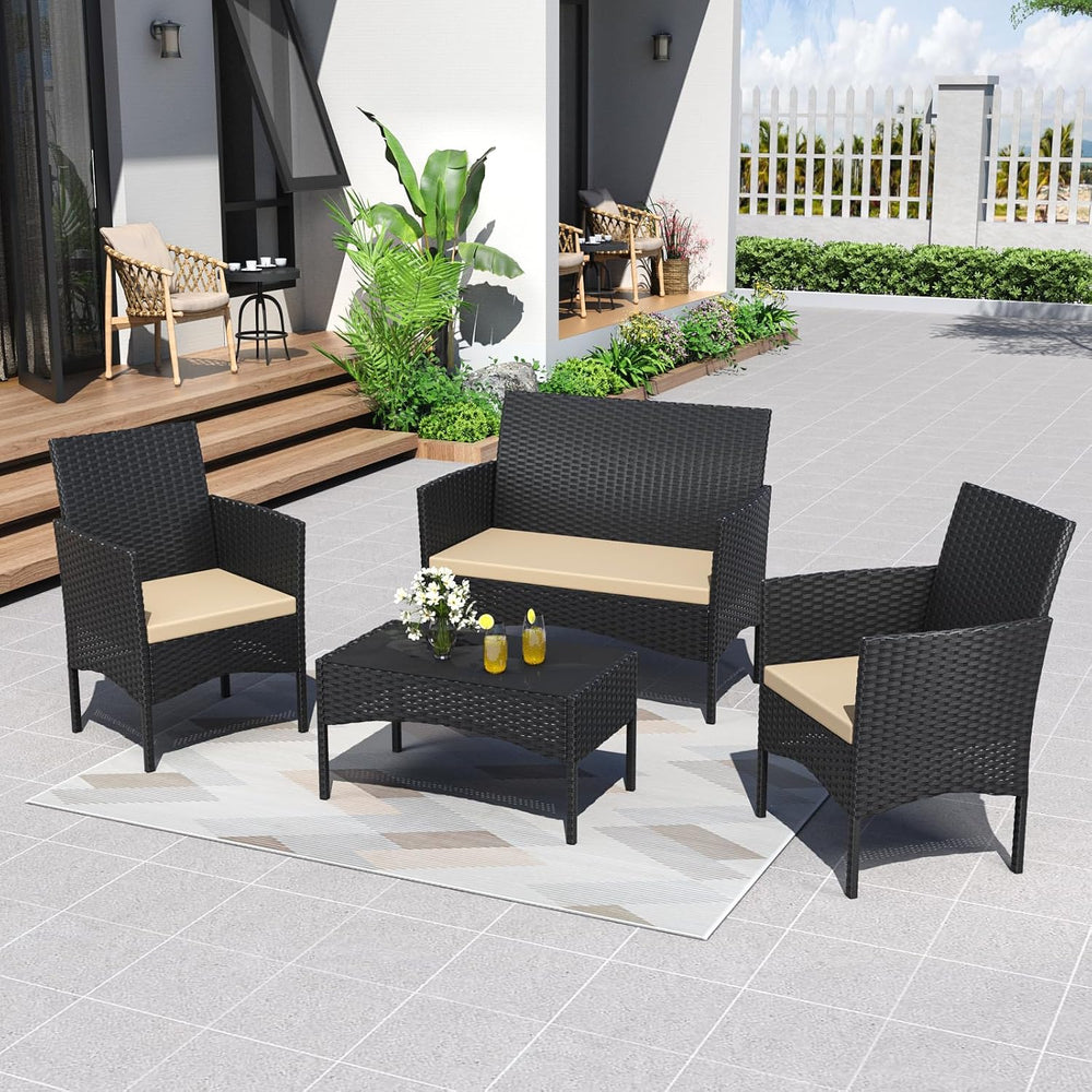 ALAULM Outdoor Patio Furniture Set, 4 Pieces Patio Conversation Set Wicker Ch...