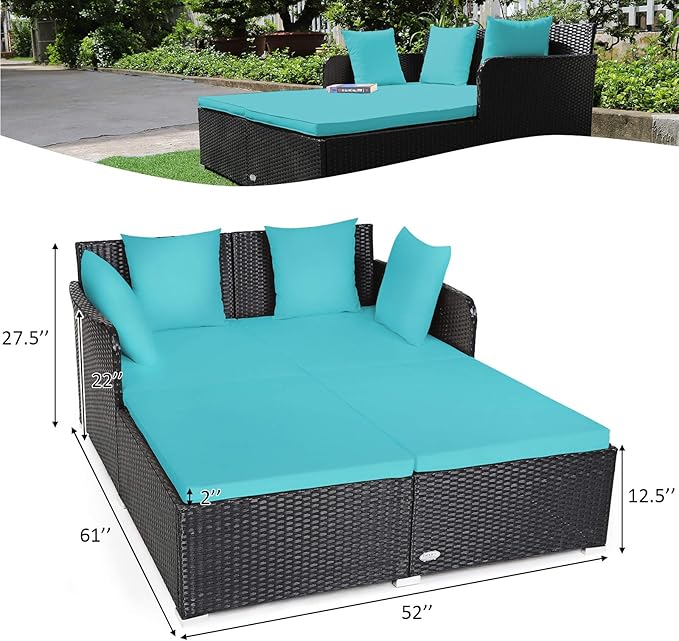 COSTWAY Outdoor Patio Rattan Daybed, Sponge Cushioned Loveseat Sofa with 4 Pi...