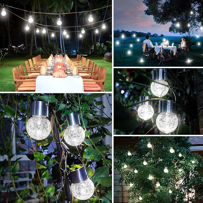 12Pack Outdoor Hanging Solar Lights - Solar Powered Crackle Glass Ball Lights...