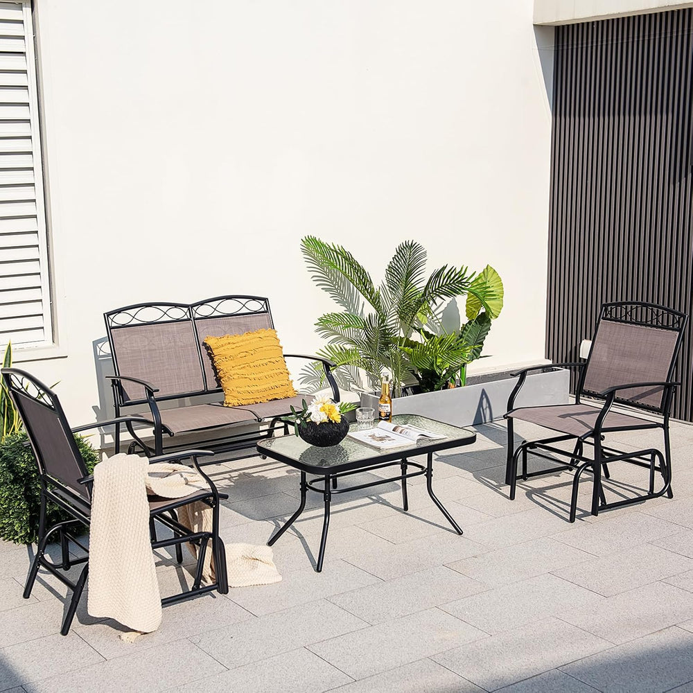 Tangkula 4 Pcs Patio Glider Set, Outdoor Gliding Loveseat w/Tempered Glass Co...