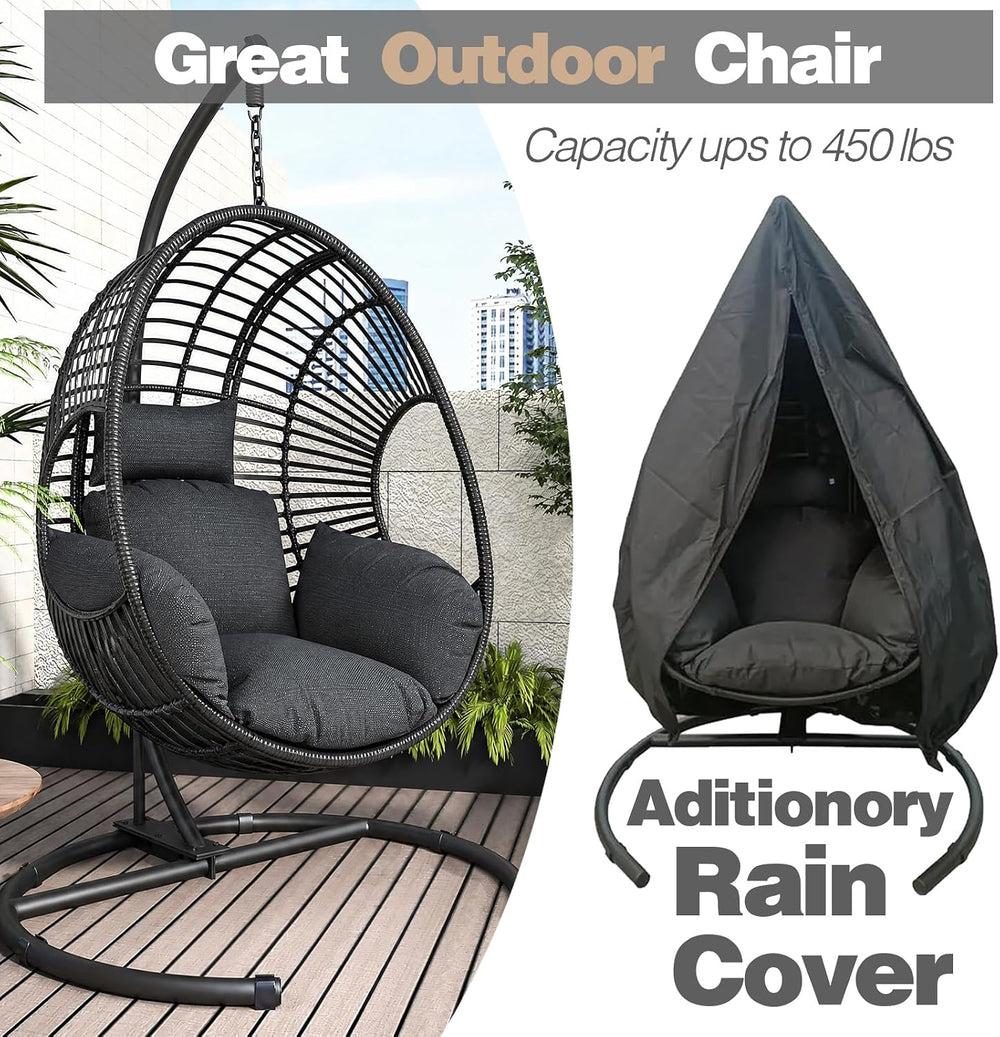 Oversized Hanging Egg Chair with Stand Outdoor Wicker Swing Chair Comfy Hammo...