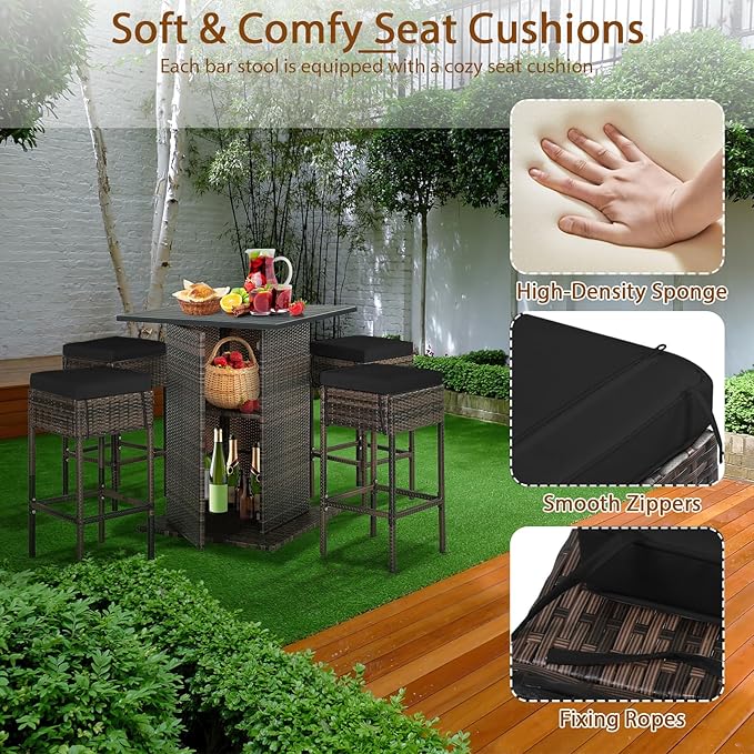 Tangkula 5 Piece Outdoor Rattan Bar Set, Patio Bar Furniture with 4 Cushions ...