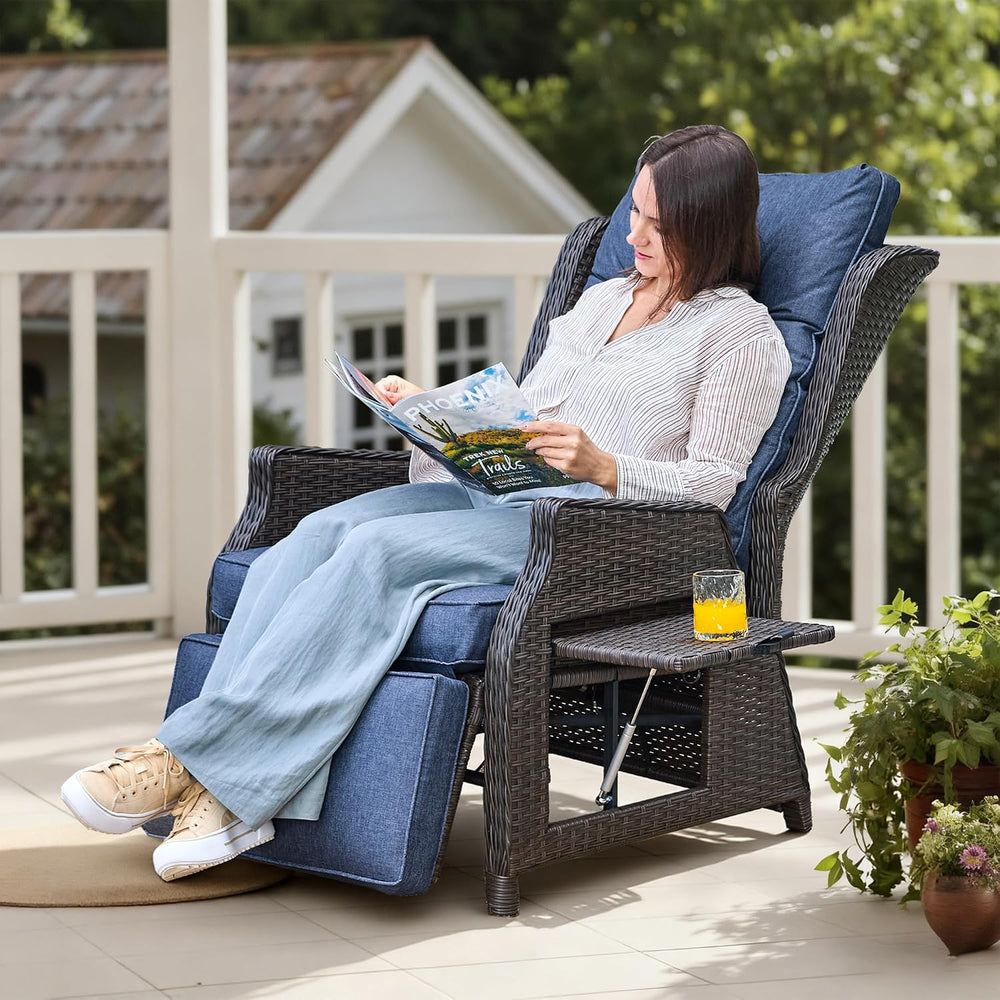 Outdoor Wicker Recliner with Adjustable Back and Footrest,Navy