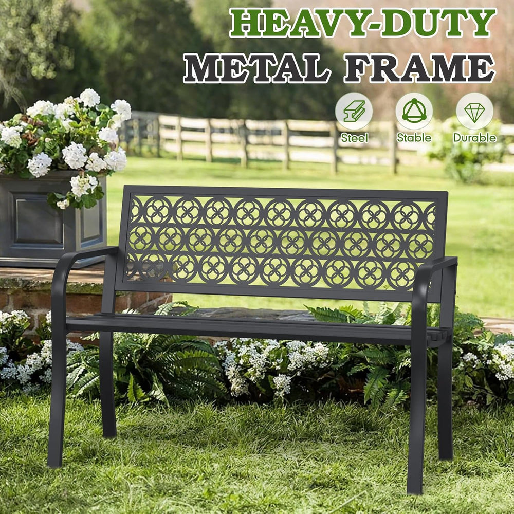 44" Outdoor Garden Bench, Iron Metal Frame Patio Bench with Backrest and...