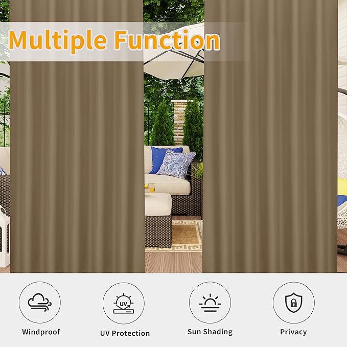 Easy-Going Outdoor Patio Curtains Detachable Tab Top Windproof Weatherproof C...