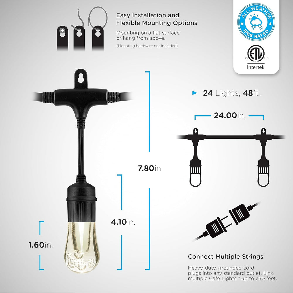 Enbrighten Vintage Outdoor String Lights, 48ft, 24 Bulbs, Remote Control