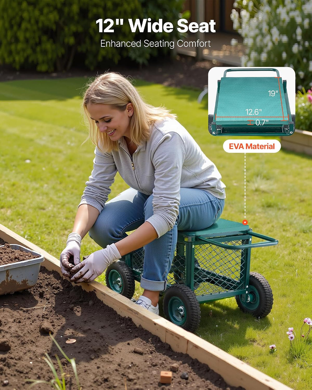 VEVOR Rolling Garden Cart with Seat, Metal Rolling Garden Work Seat with Whee...