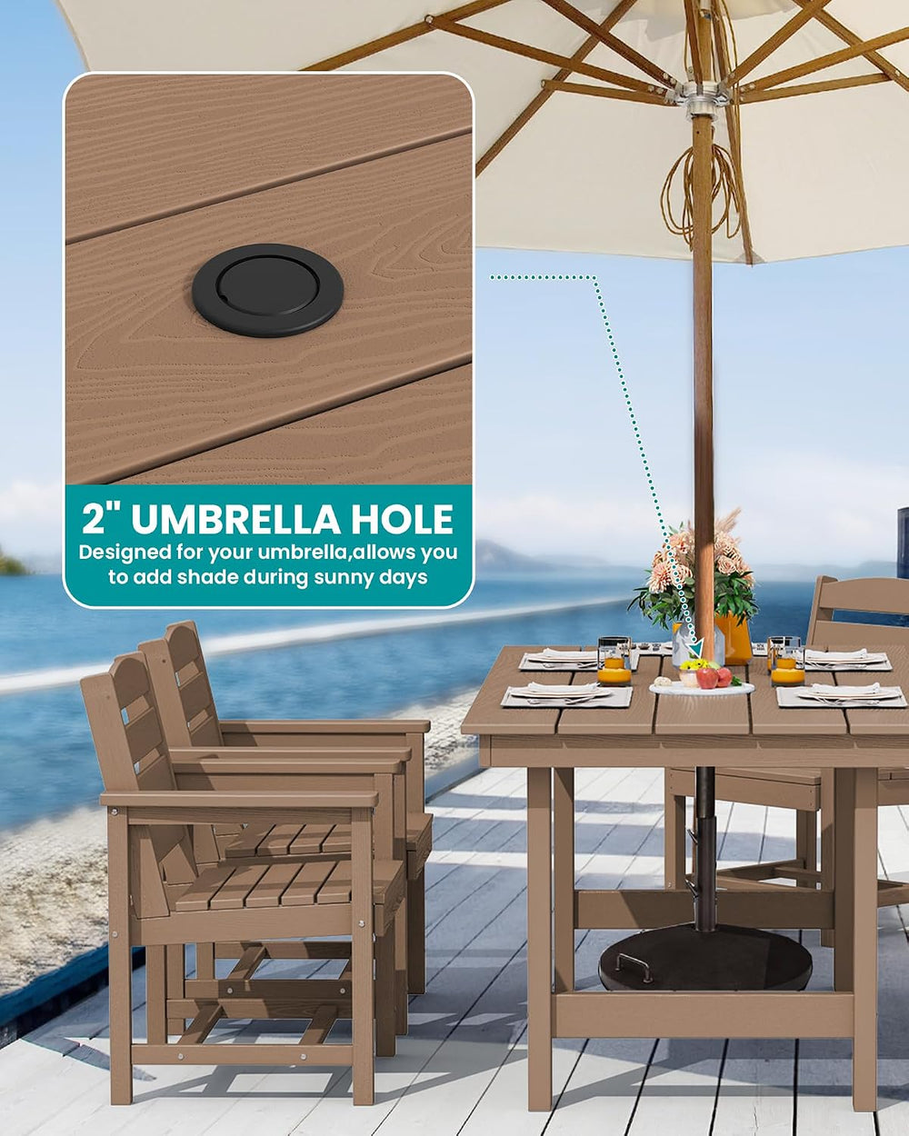 SERWALL 7 Pcs Outdoor Dining Set, 67" HDPE Dining Set for 6, Brown