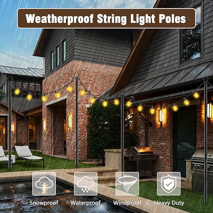 10Ft String Light Poles 4 Pack,Light Poles for Outside Lights,Outdoor with Fe...