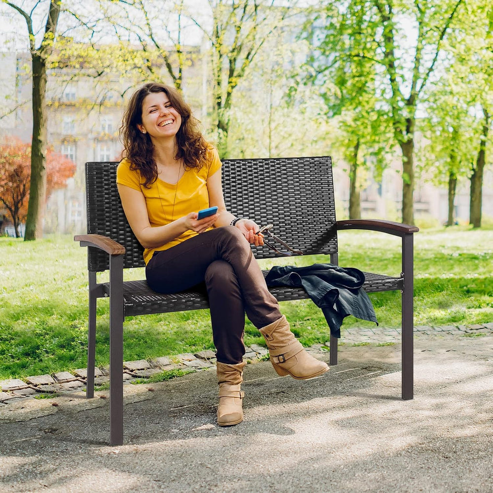 Tangkula Outdoor Stackable Bench, All-Weather PE Wicker Loveseat with Acacia ...