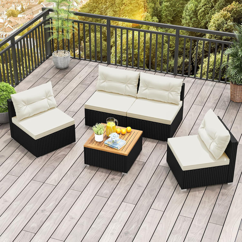 5 Pieces Patio Furniture Set, Outdoor Sectional Sofa with Acacia Wood Coffee ...