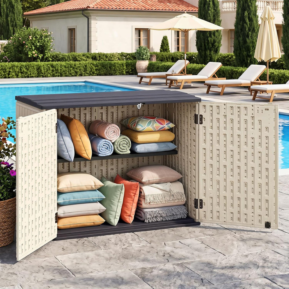 DREAMADE Horizontal Outdoor Storage Cabinet, 20 Cu.Ft Resin Shed, Beige