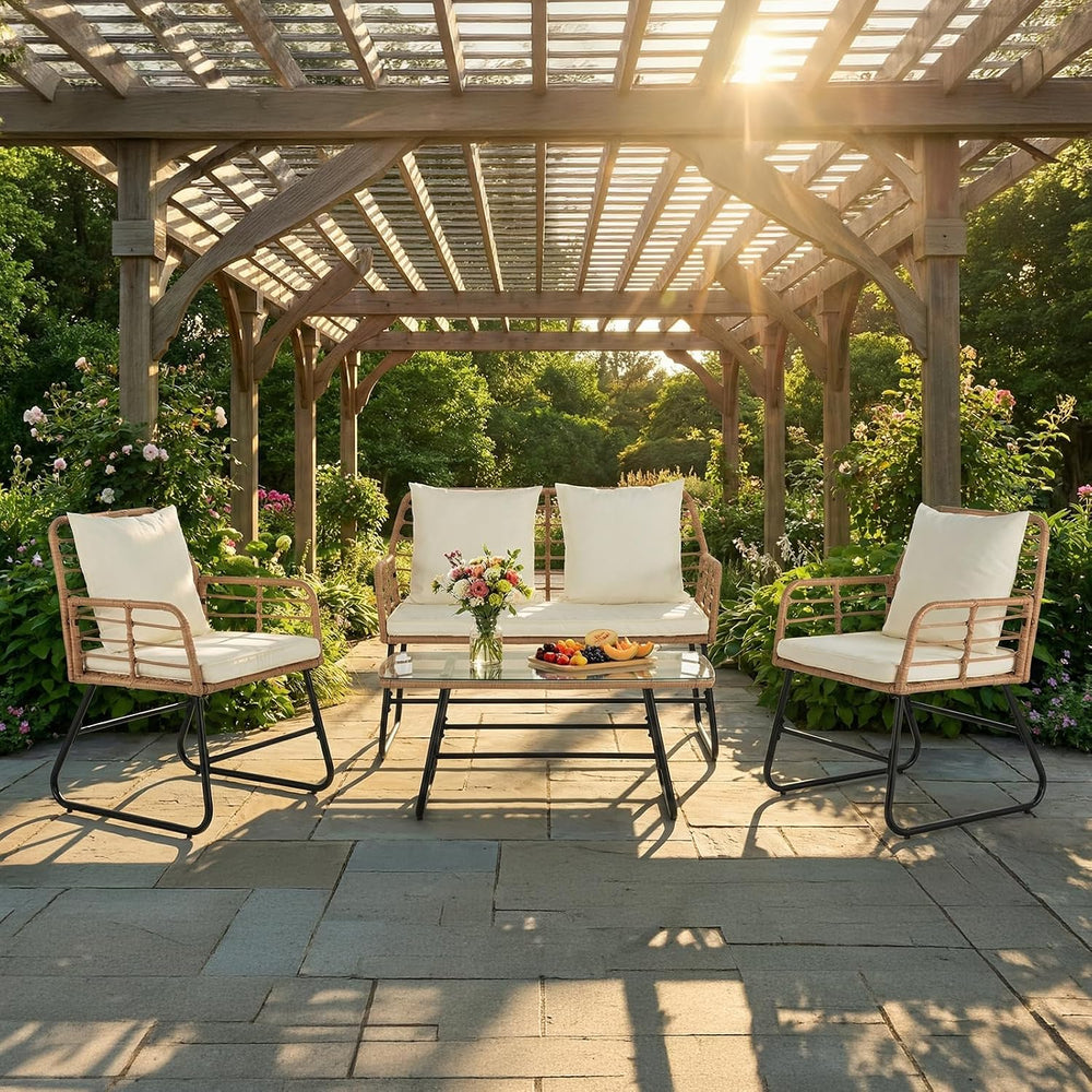 DUMOS Outdoor 4 Piece Outdoor Patio Furniture Set, Wicker Patio Set
