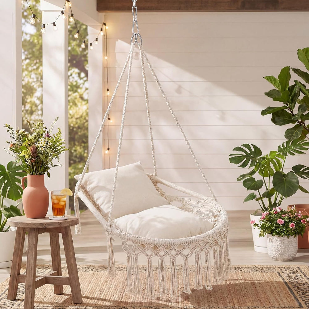 Happygrill Macrame Swing Chair with 2 Removable Cushions
