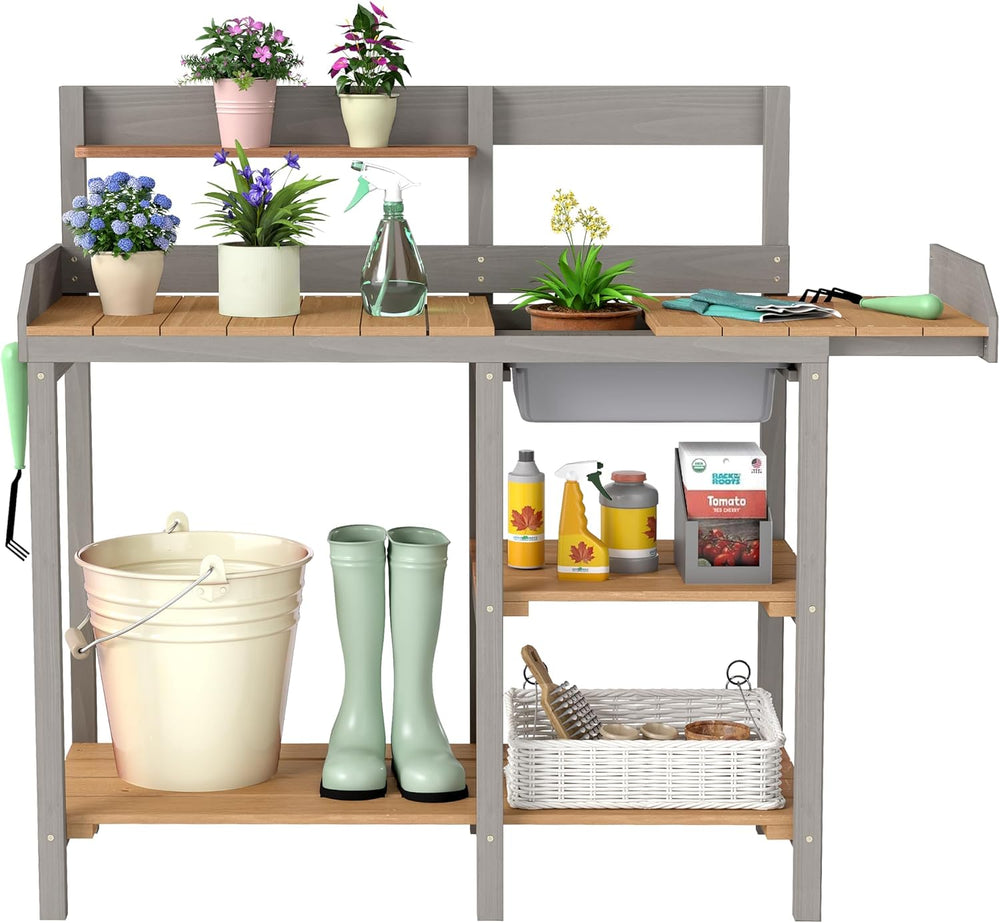 Wooden Potting Bench Table with Sink,Outdoor Garden Table Work Bench with She...