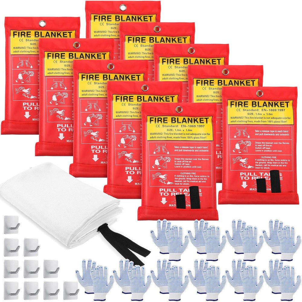 Macarrie 10 Pack Emergency Fire Blanket Bulk with Hooks and Gloves 40'