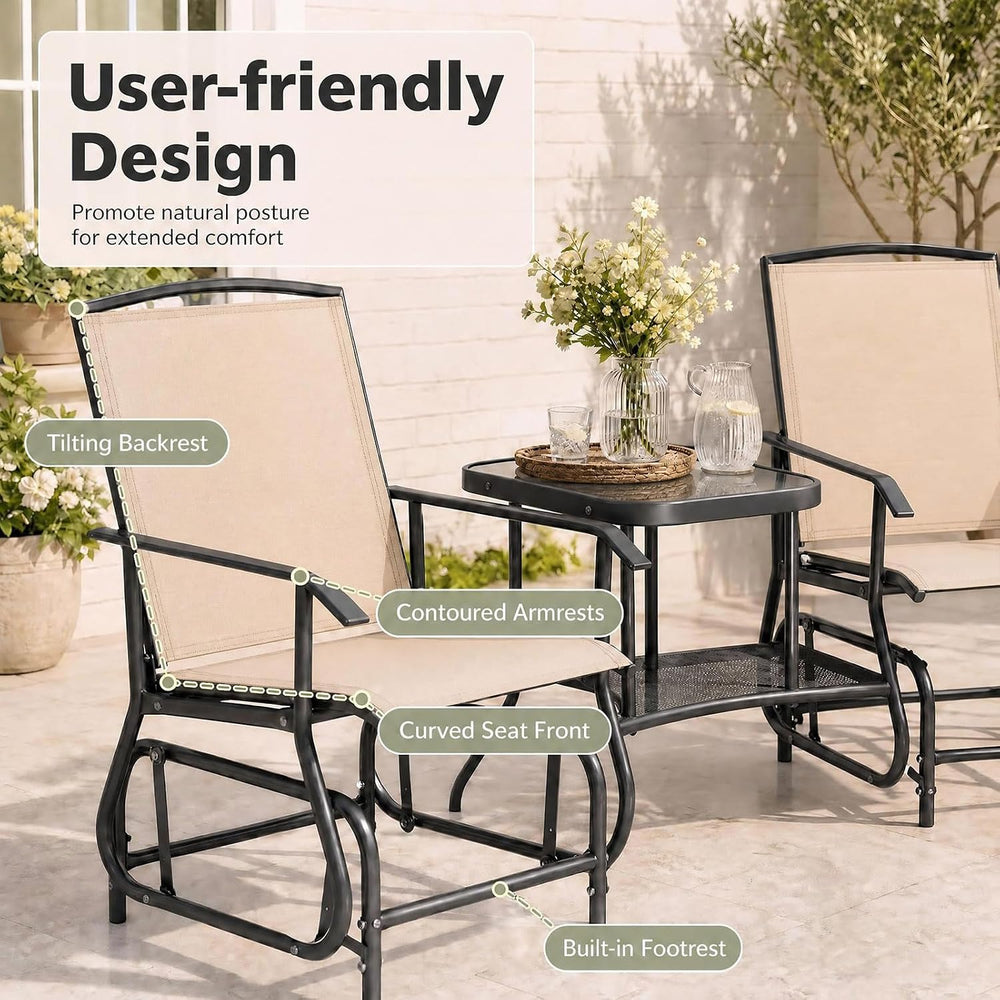 GIANTEX Outdoor Glider Chairs with 2-Tier Center Table, 2-Person Loveseat