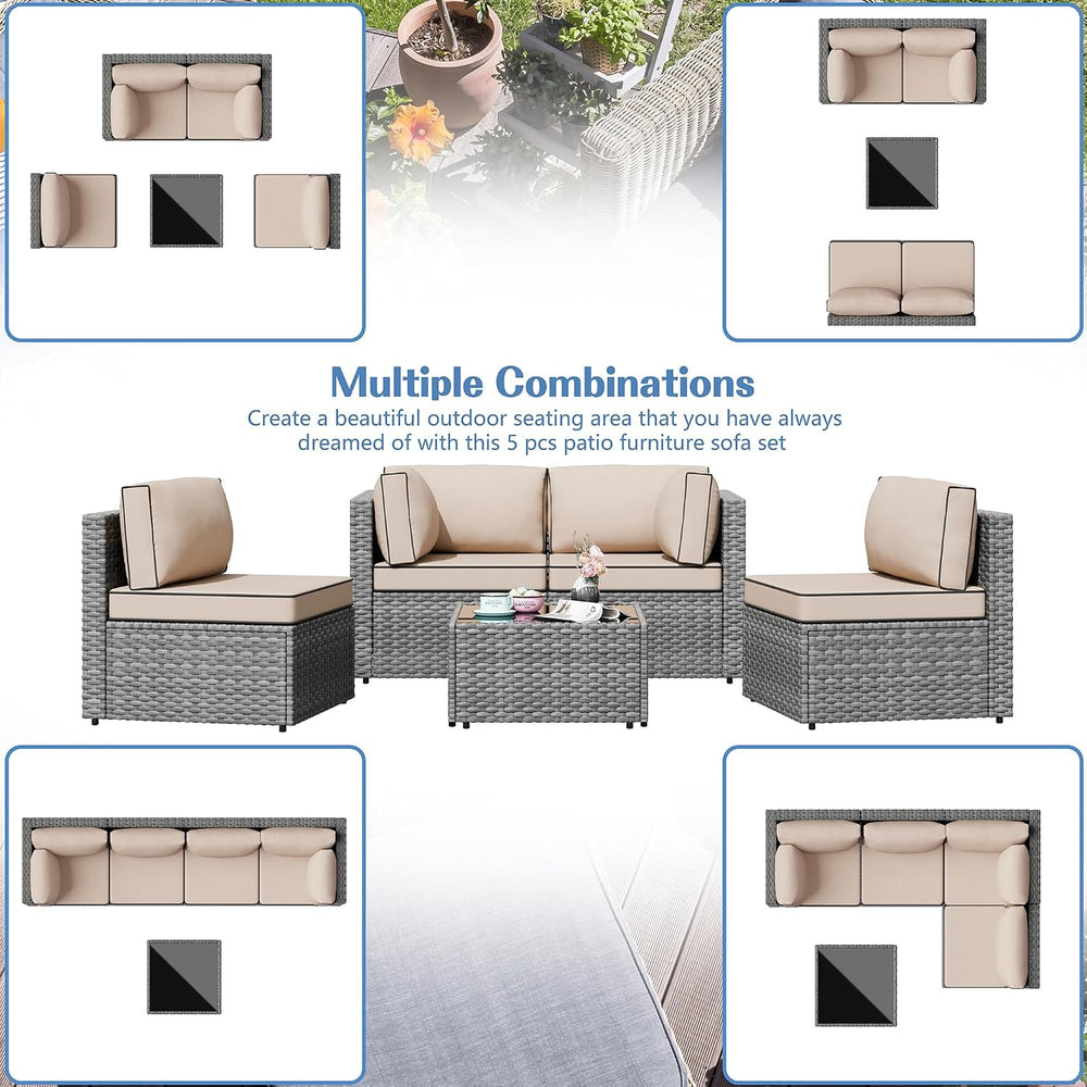 Patio Furniture Sets, 5 Piece Outdoor Sectional Sofas, Wicker Rattan Outdoor ...