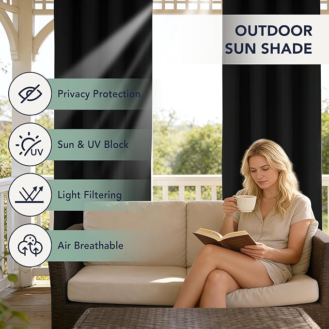 Black Outdoor Curtains for Patio Waterproof - 6 Panels Privacy Weatherproof O...