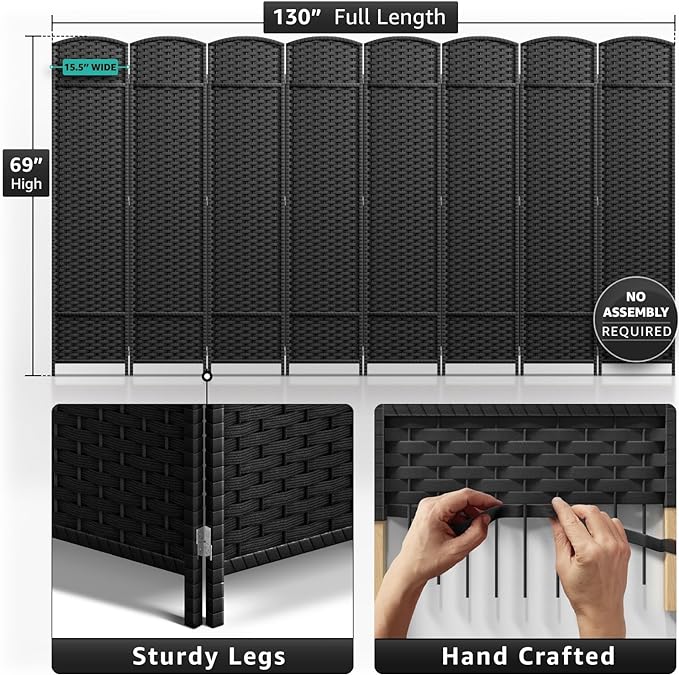 Sorbus 8-Panel Black Room Divider with Double Hinged Panels, 6 ft Tall Foldin...