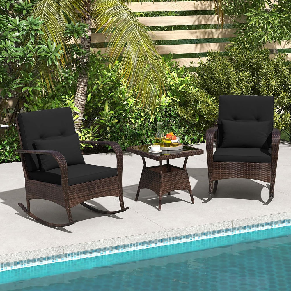 ORALNER 3 Pieces Outdoor Wicker Rocking Chair, Patio Furniture Set (Black)