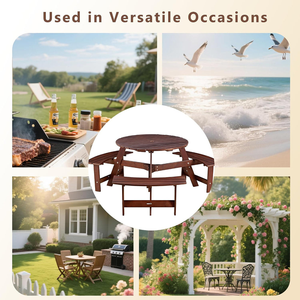 Round 6 Person Outdoor Picnic Table with 3 Built-in Benches