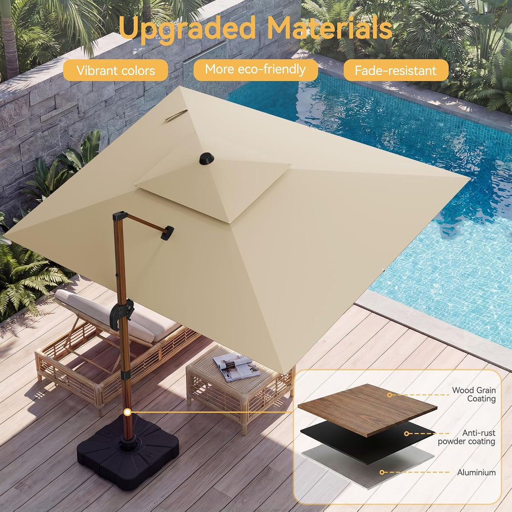 10x13' Wood Pattern Cantilever Patio Umbrella with Base, Beige