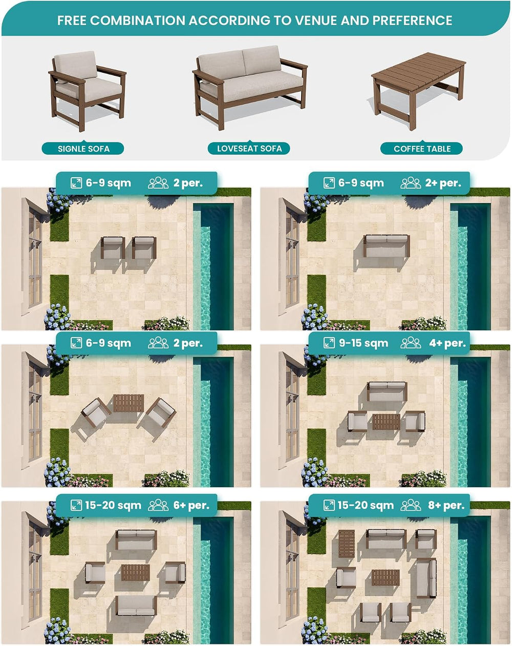 SERWALL 3 Pieces HDPE Outdoor Sofa Bistro Set with Cushions & Coffee Table
