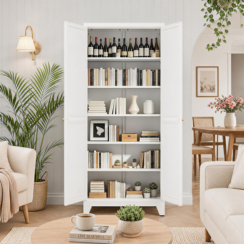 75" White Metal Pantry Cabinet with Doors & 5 Adjustable Shelves