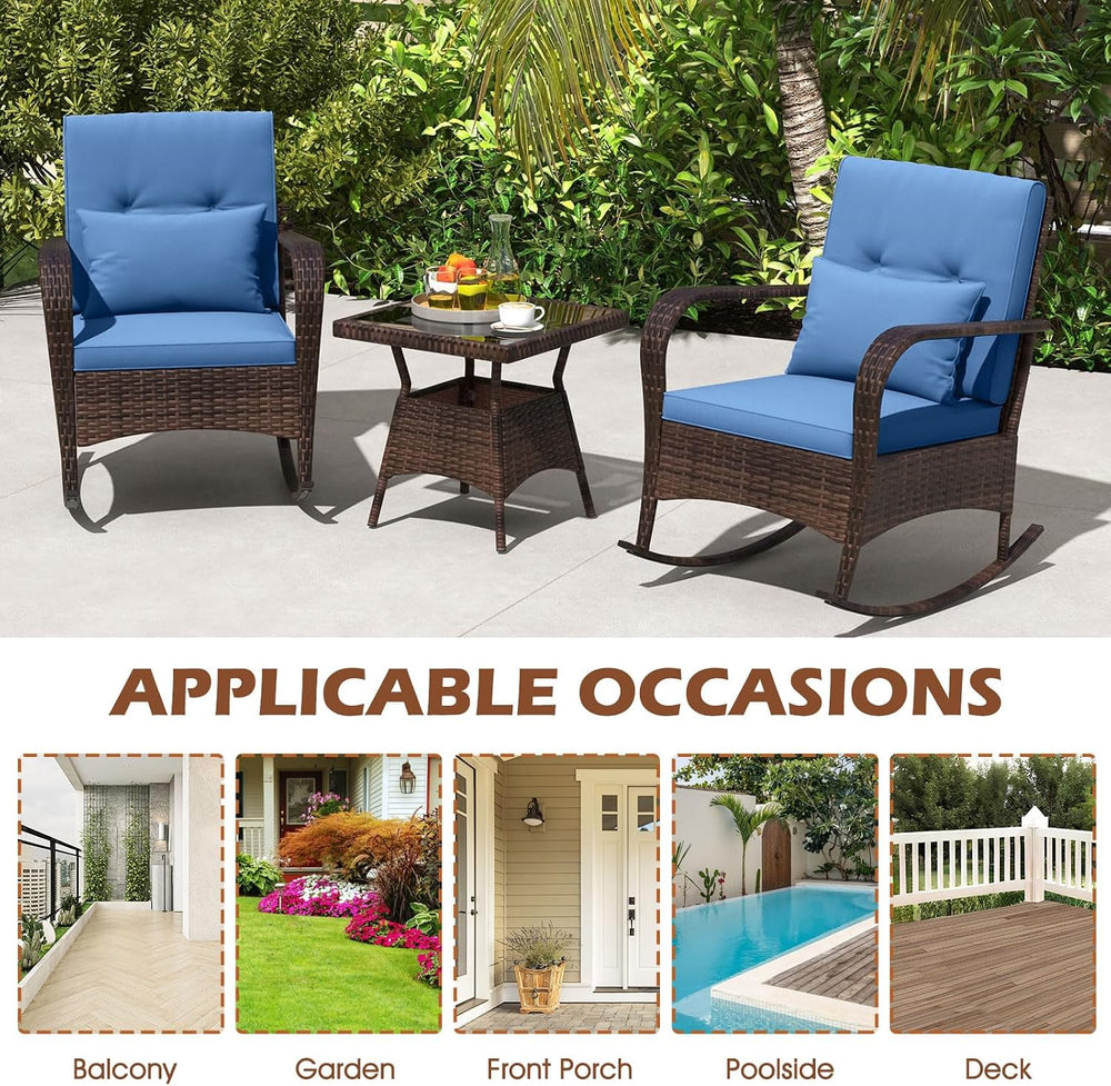 ORALNER 3 Pieces Outdoor Wicker Rocking Chair, Patio Furniture Set (Navy)