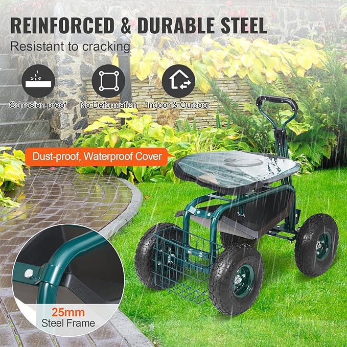 VEVOR Garden Cart Rolling Workseat with Wheels, Gardening Stool for Planting,...