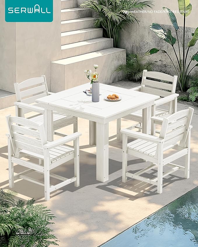 SERWALL Outdoor Dining Set for 4, HDPE Square Table and Chairs Set All Weathe...