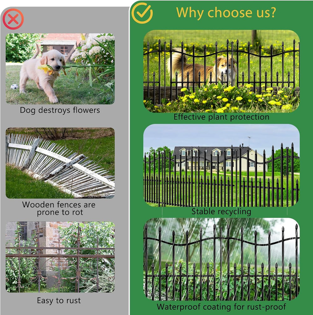 10 Panels No Dig Decorative Garden Fence, 32in(H)×22ft(L) Heavy-Duty Rustproo...
