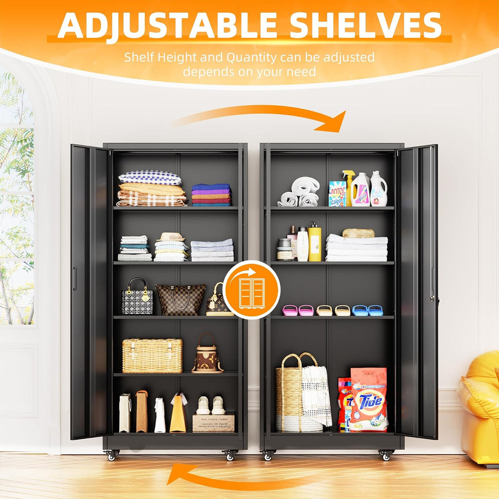 Garage Cabinets with Wheels, 73" H Metal Locking Cabinet with 2 Doors an...