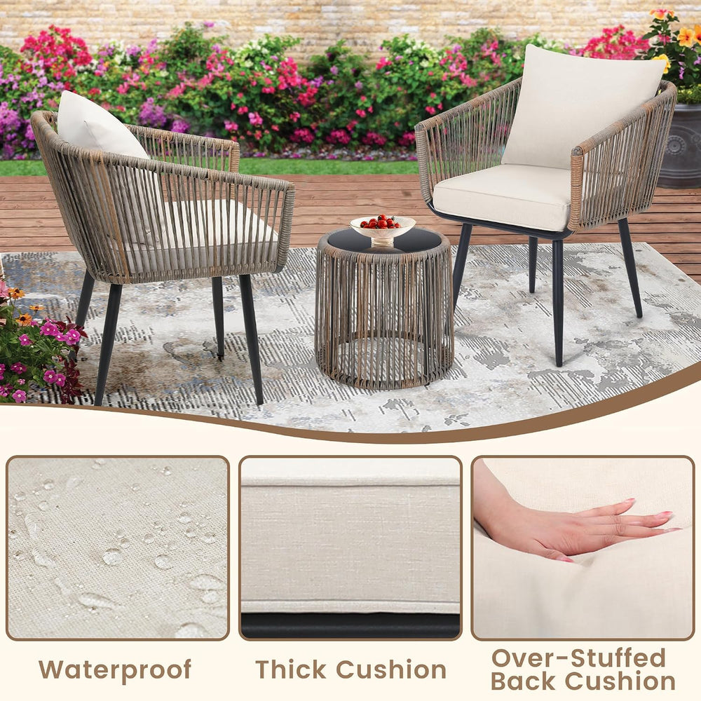 3-Piece Patio Rattan Bistro Conversation Set, Beige