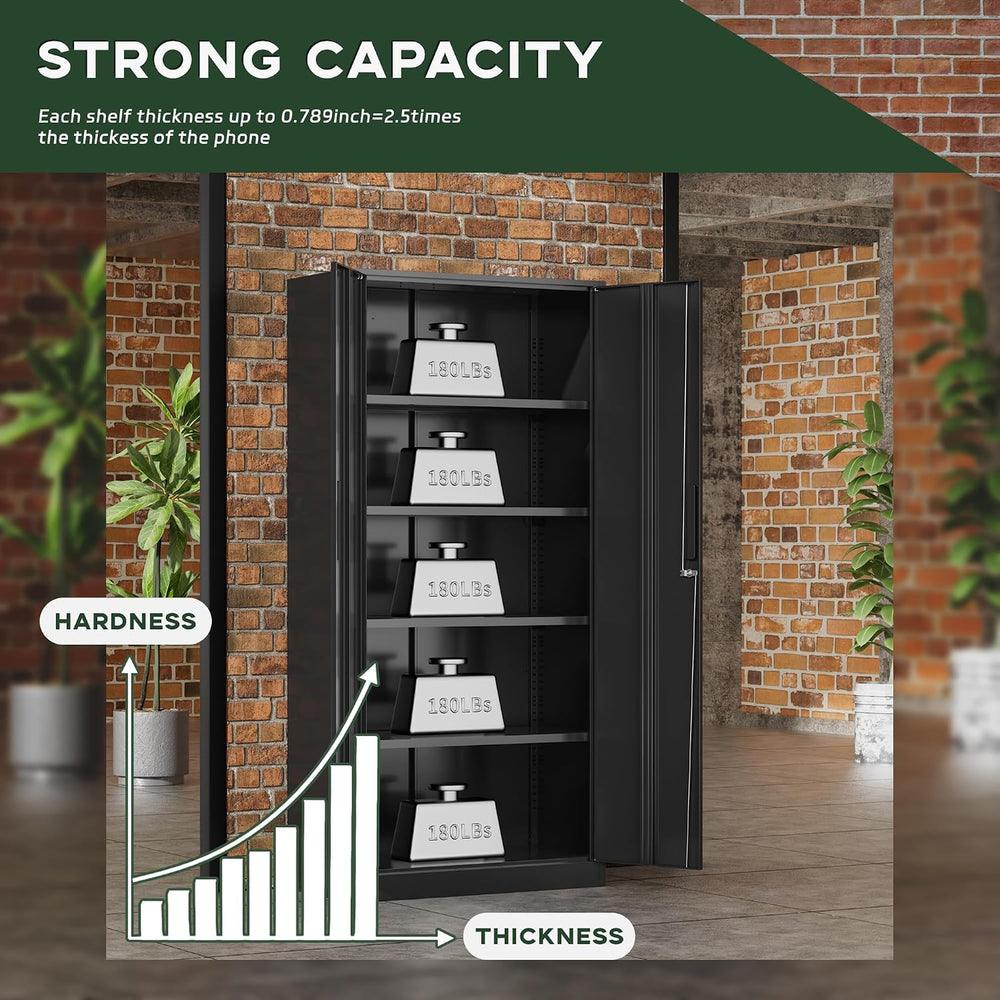 Greenvelly Metal Cabinet, 72” Black Tool Steel Locking Cabinet with Doors and...